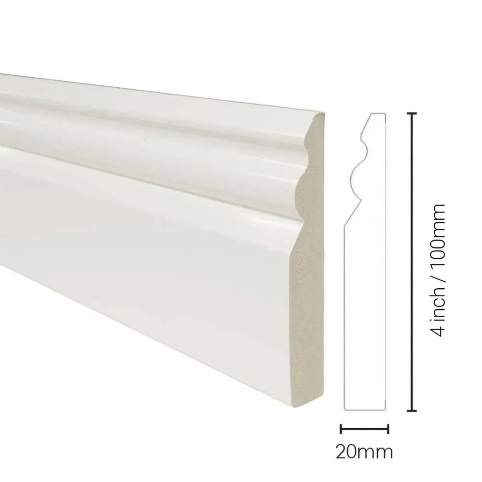 White Plastic 4 inch Gloss Skirting Board (5m length)