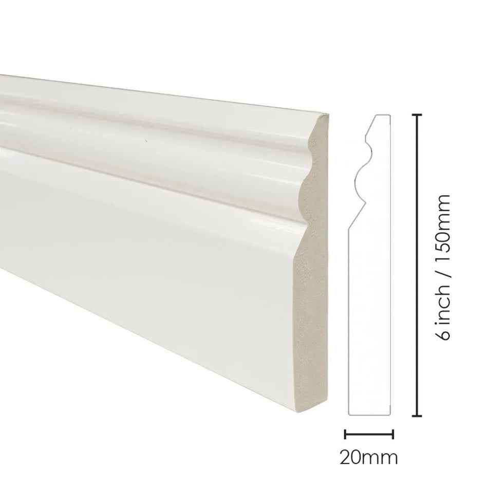 White Plastic 6 inch Gloss Skirting Board (5m lengths)