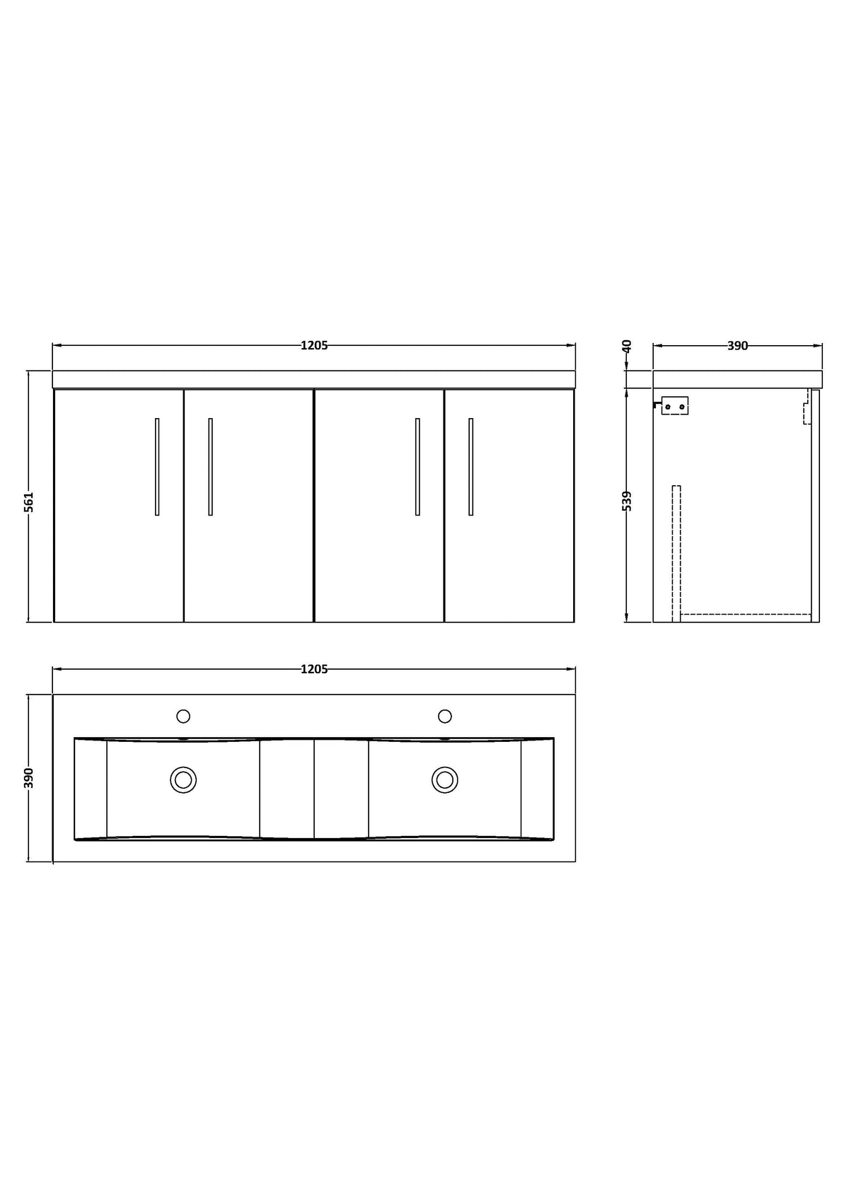 Arno 1200mm Wall Hung 4-Door Vanity & Double Basin - Mersey Bathrooms Ltd