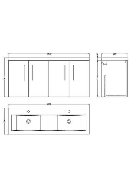 Arno 1200mm Wall Hung 4-Door Vanity & Double Basin - Mersey Bathrooms Ltd