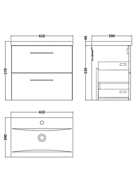 Arno 600mm Wall Hung 2-Drawer Vanity & Mid-Edge Basin - Mersey Bathrooms Ltd