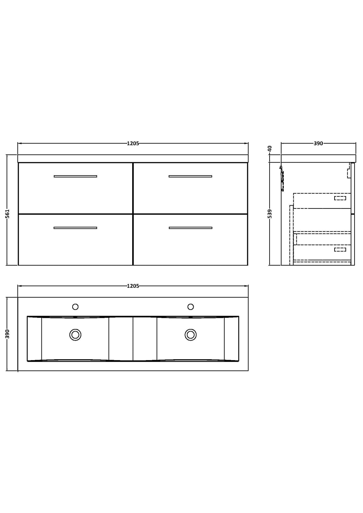 Arno 1200mm Wall Hung 4-Drawer Vanity & Double Basin - Mersey Bathrooms Ltd