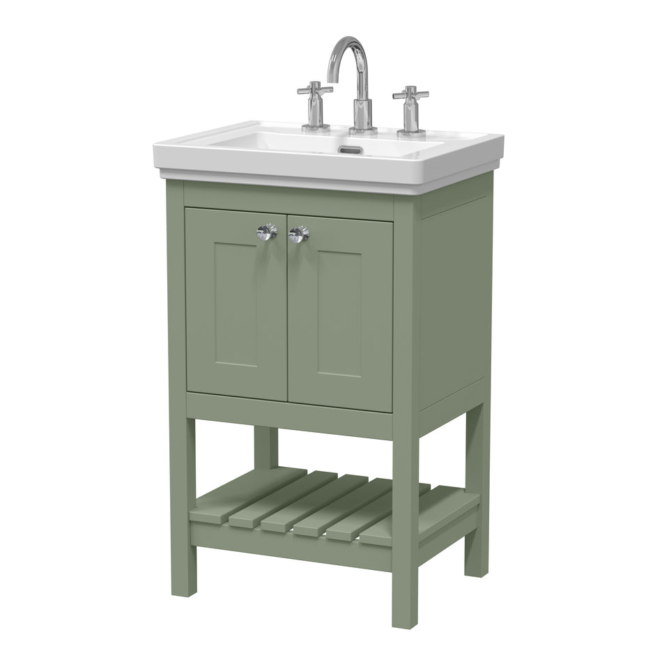 HR Bexley Floor Standing 2 Door 1 Shelf Vanity & 3 Tap Hole Fireclay Basin, 500mm