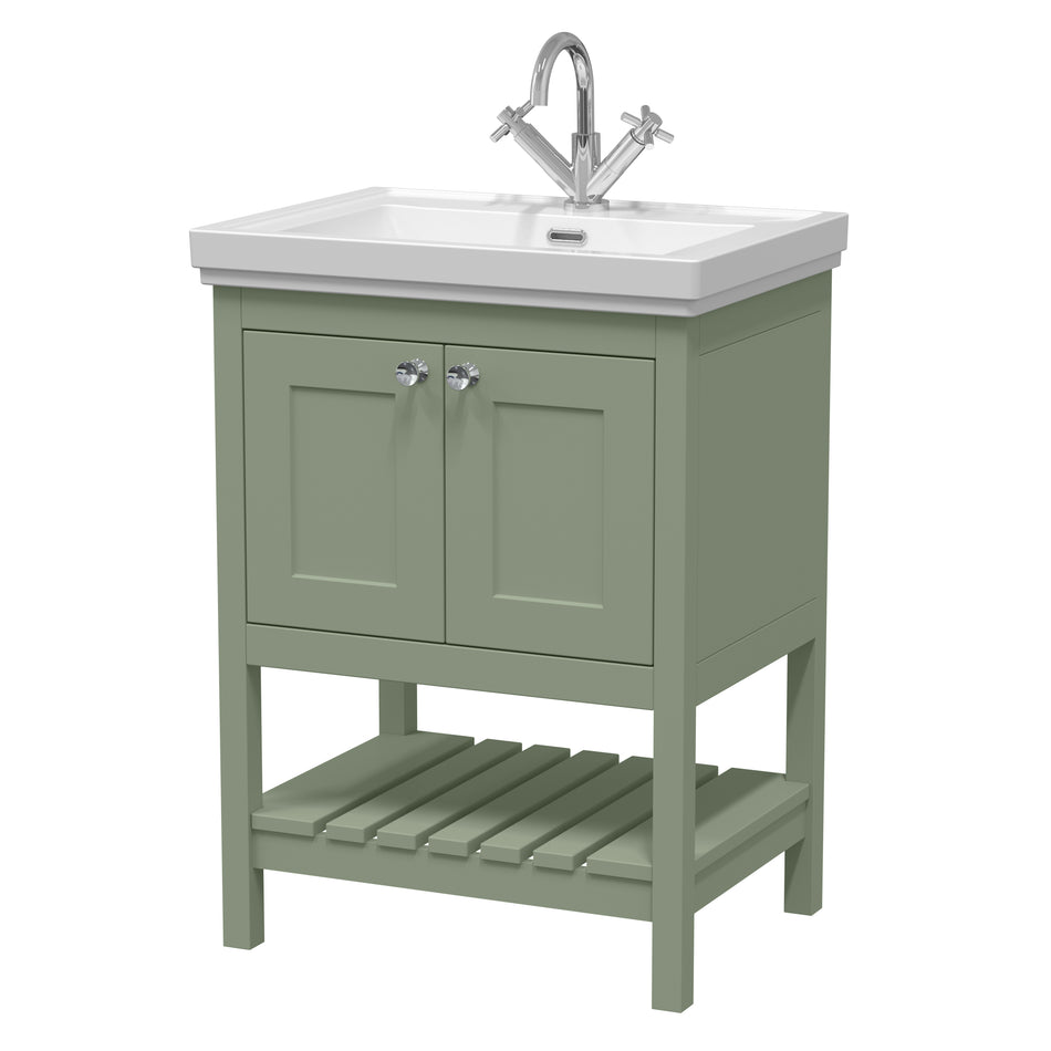 HR Bexley Floor Standing 2 Door 1 Shelf Vanity & 1 Tap Hole Fireclay Basin, 600mm