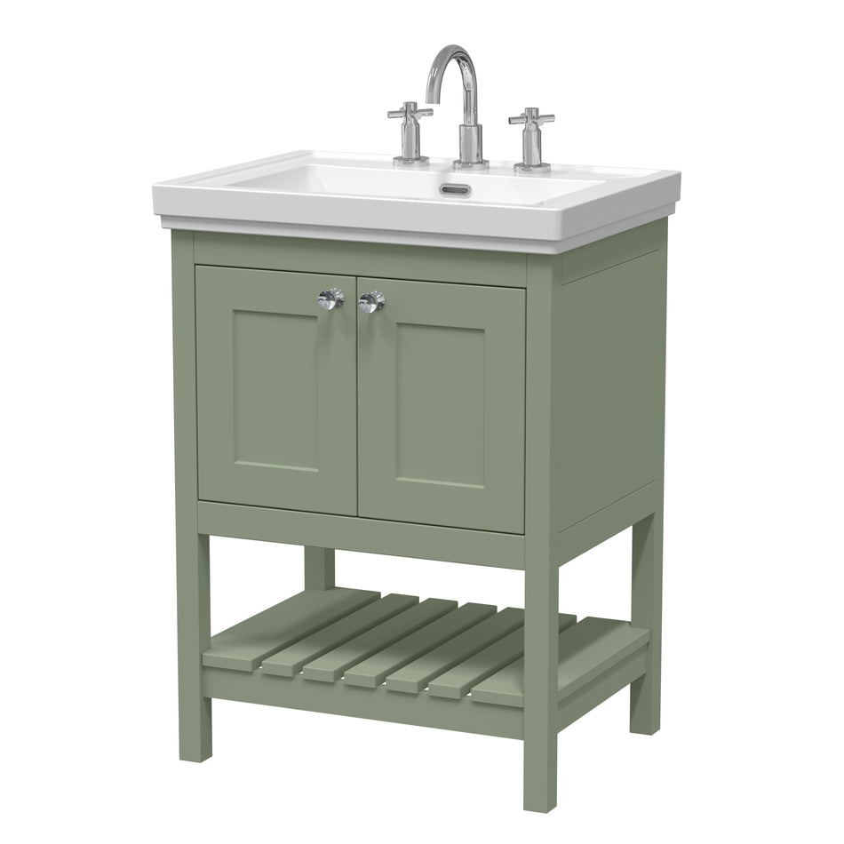 HR Bexley Floor Standing 2 Door 1 Shelf Vanity & 3 Tap Hole Fireclay Basin, 600mm