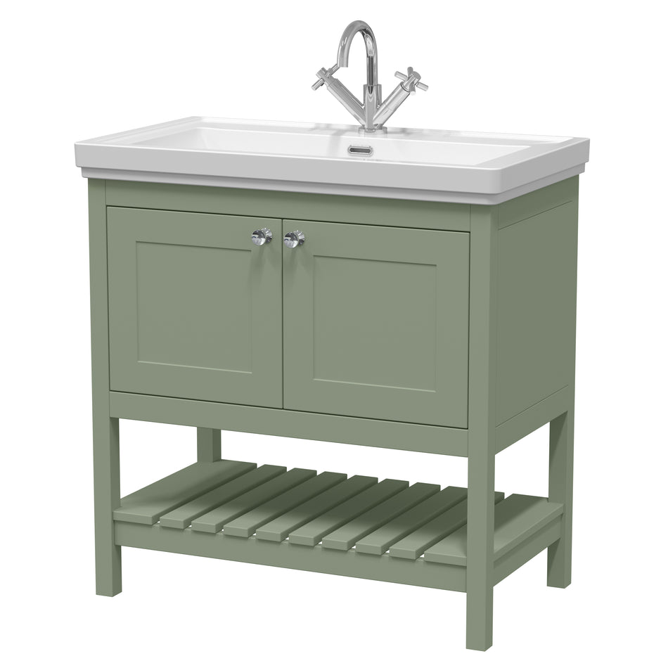 HR Bexley Floor Standing 2 Door 1 Shelf Vanity & 1 Tap Hole Fireclay Basin, 800mm