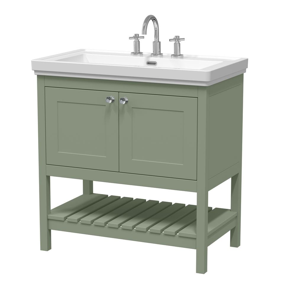 HR Bexley Floor Standing 2 Door 1 Shelf Vanity & 3 Tap Hole Fireclay Basin, 800mm