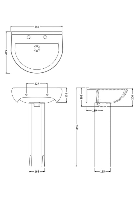 Ivo 550mm 2 Tap Hole Basin & Pedestal - Mersey Bathrooms Ltd