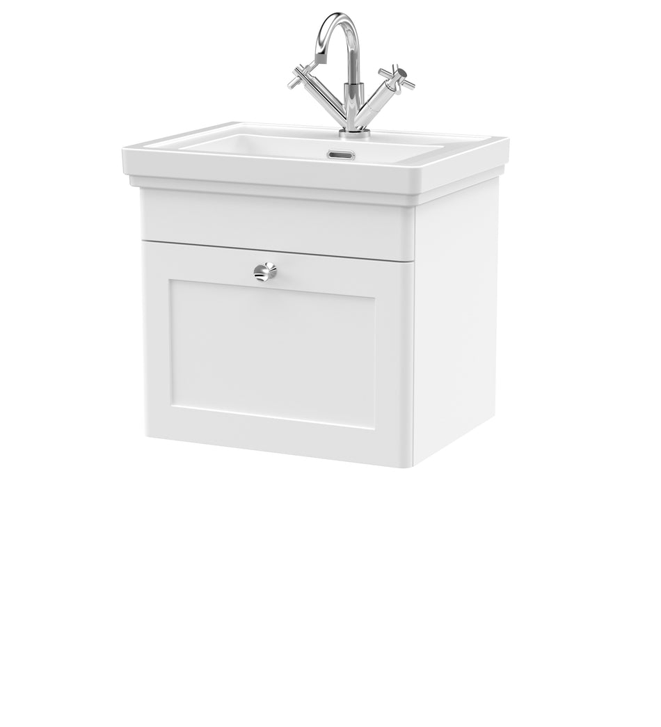 Classique Wall Hung 1 Drawer Vanity Basin Unit & 1 Tap Hole Fireclay Basin, 500mm - Mersey Bathrooms Ltd