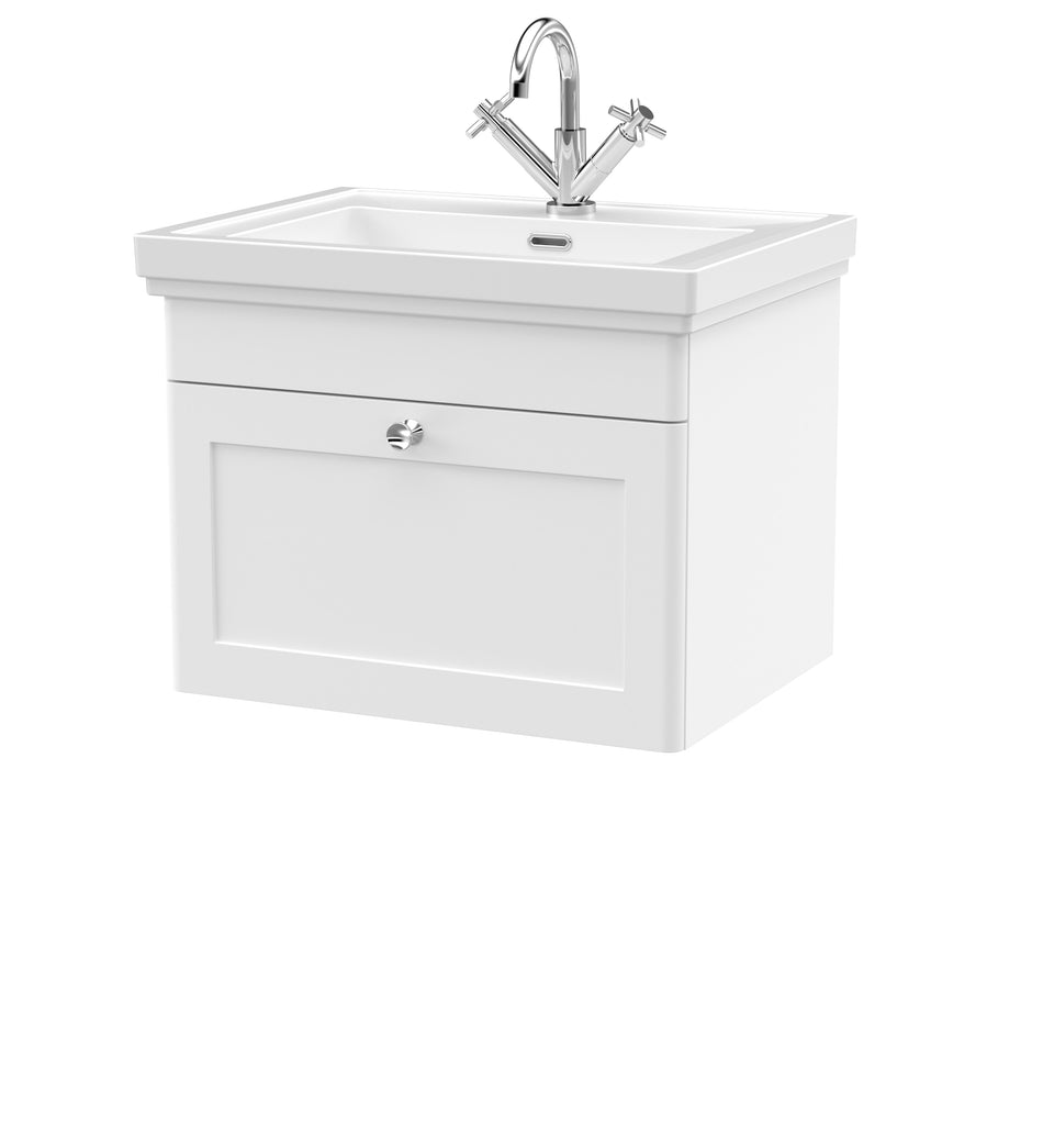 Classique Wall Hung 1 Drawer Vanity Basin Unit & 1 Tap Hole Fireclay Basin, 600mm - Mersey Bathrooms Ltd