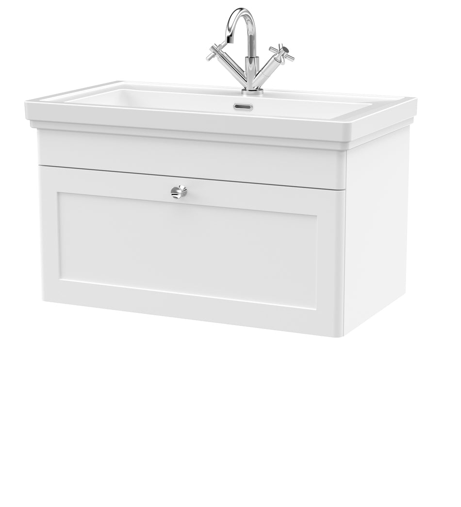 Classique Wall Hung 1 Drawer Vanity Basin Unit & 1 Tap Hole Fireclay Basin, 800mm - Mersey Bathrooms Ltd