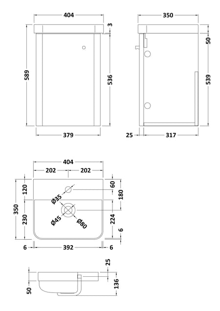 Core Wall Hung Single Door Vanity With Ceramic Basin 400mm - Mersey Bathrooms Ltd