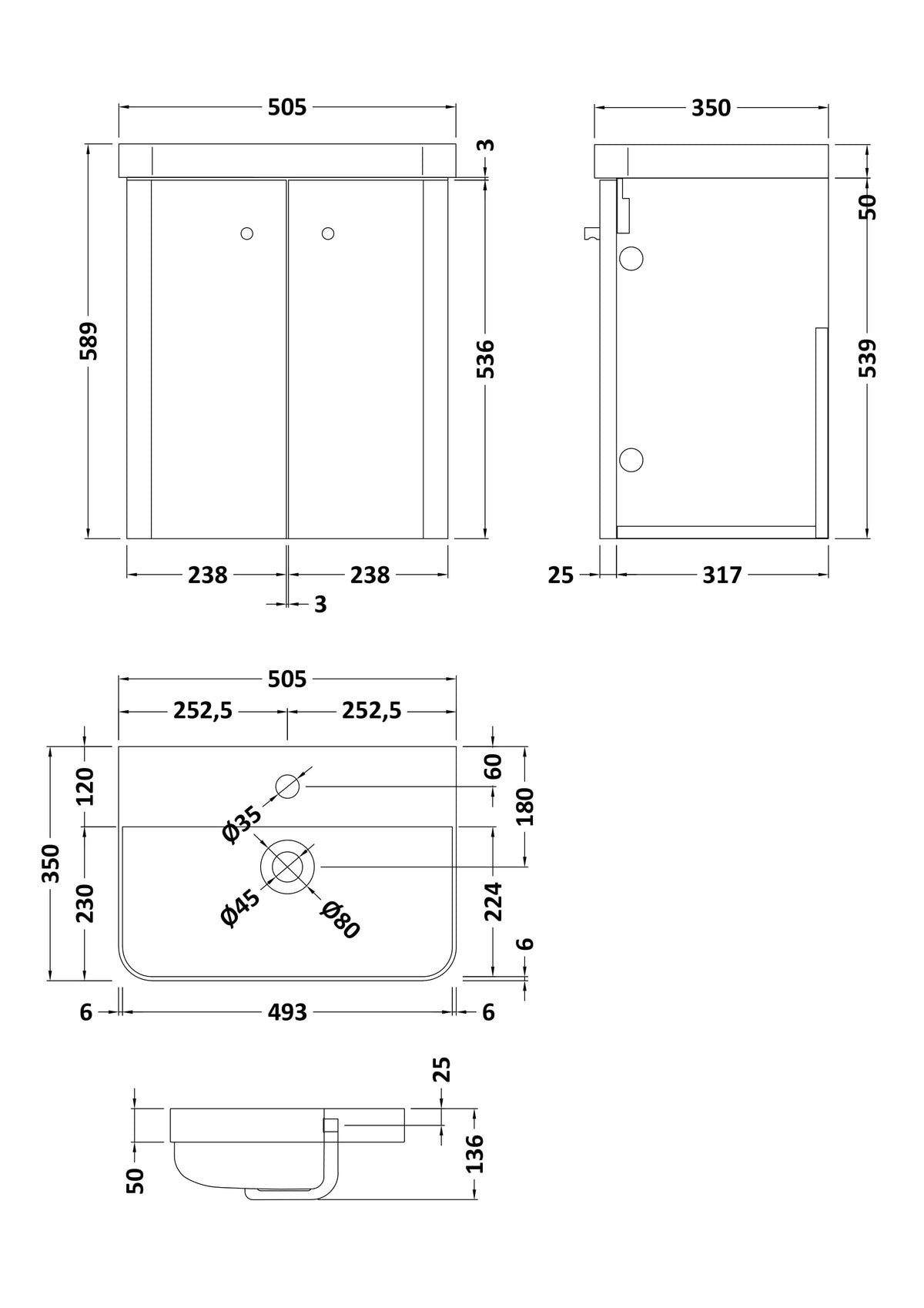 Core Wall Hung 2 Door Vanity With Ceramic Basin 500mm - Mersey Bathrooms Ltd