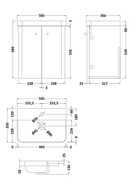 Core Wall Hung 2 Door Vanity With Ceramic Basin 500mm - Mersey Bathrooms Ltd