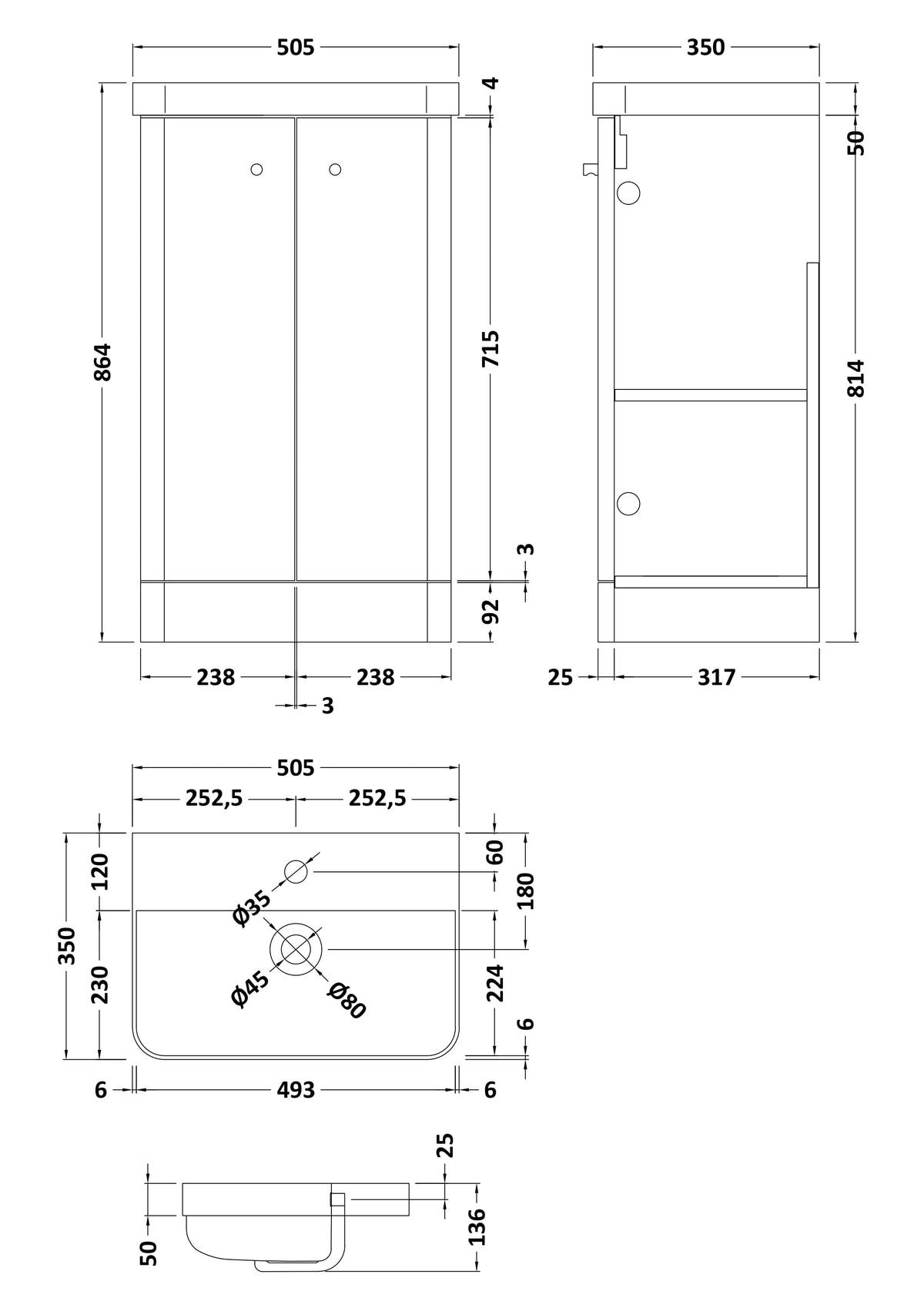 Core Floor Standing 2 Door Vanity With Ceramic Basin 500mm - Mersey Bathrooms Ltd