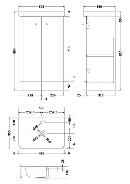 Core Floor Standing 2 Door Vanity With Ceramic Basin 500mm - Mersey Bathrooms Ltd