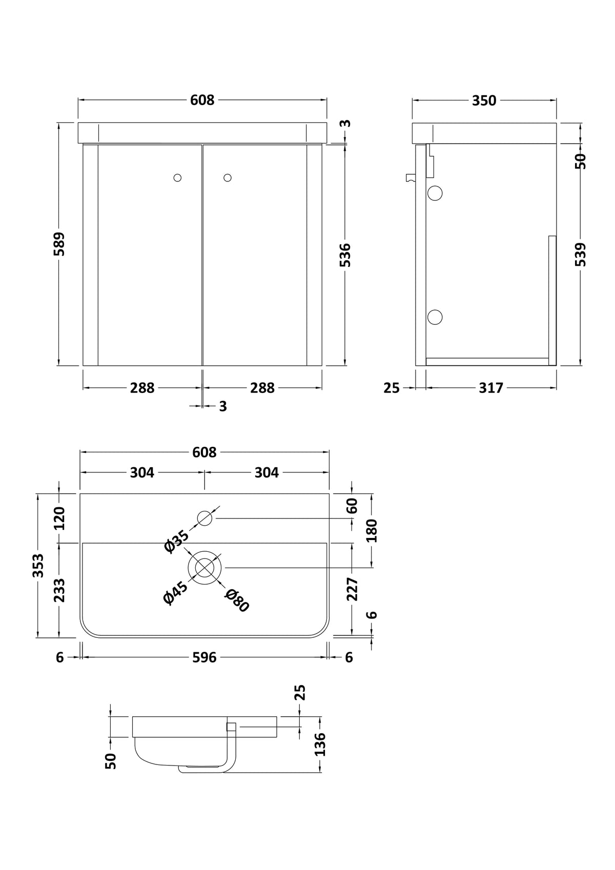 Core Wall Hung 2 Door Vanity With Ceramic Basin 600mm - Mersey Bathrooms Ltd