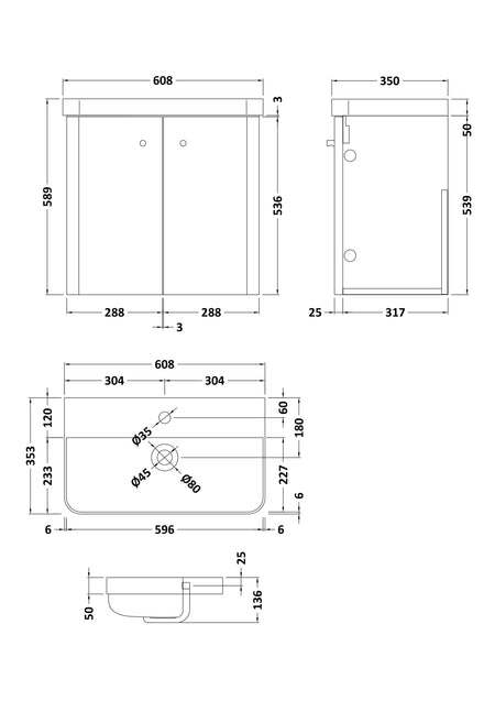 Core Wall Hung 2 Door Vanity With Ceramic Basin 600mm - Mersey Bathrooms Ltd