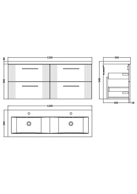 Deco 1200mm Wall Hung 4-Drawer Vanity & Double Basin - Mersey Bathrooms Ltd