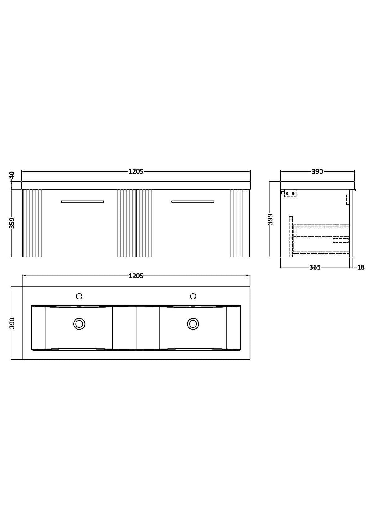 Deco 1200mm Wall Hung 2-Drawer Vanity & Double Basin - Mersey Bathrooms Ltd