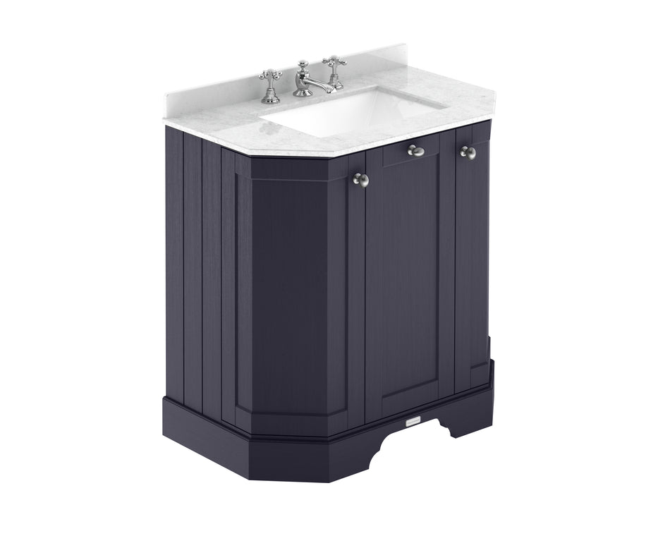 HR Floor Standing 3 Door Angled Vanity Unit with 3 Tap Hole White Marble Top 750mm