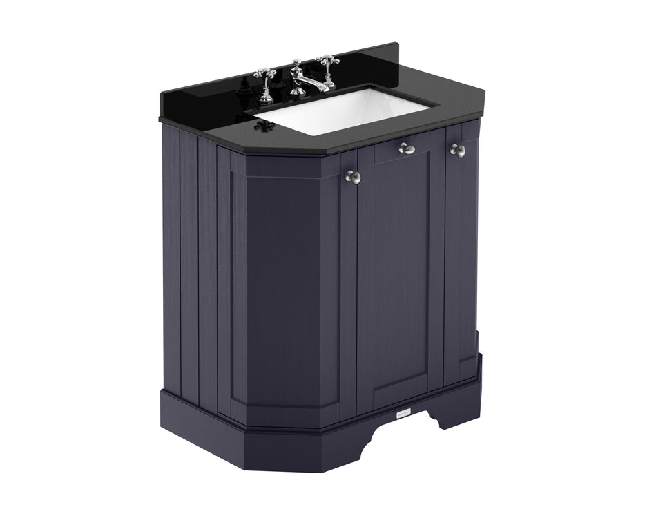 HR Floor Standing 3 Door Angled Vanity Unit with 3 Tap Hole Black Marble Top 750mm