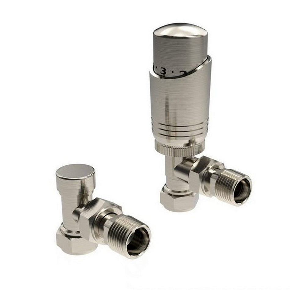 Kartell K-Design Brushed Nickel Angled Thermostatic Radiator Valves Twin Pack