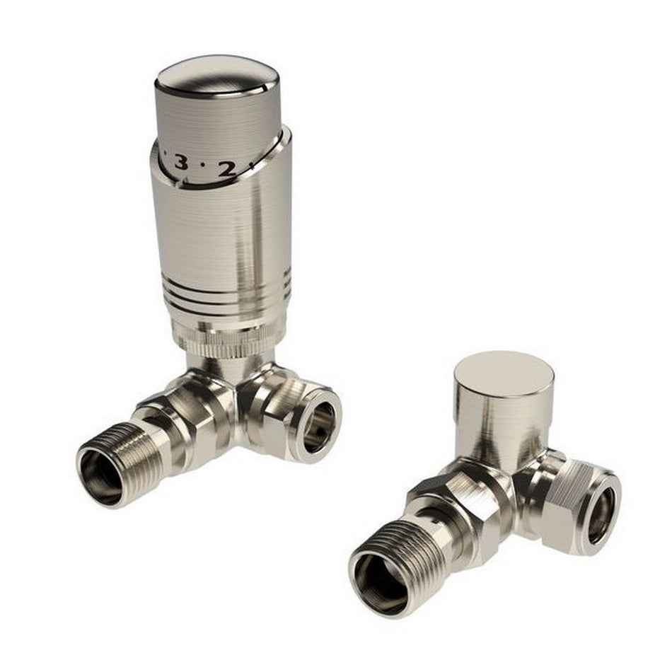 Kartell K-Design Brushed Nickel Corner Thermostatic Radiator Valves Twin Pack