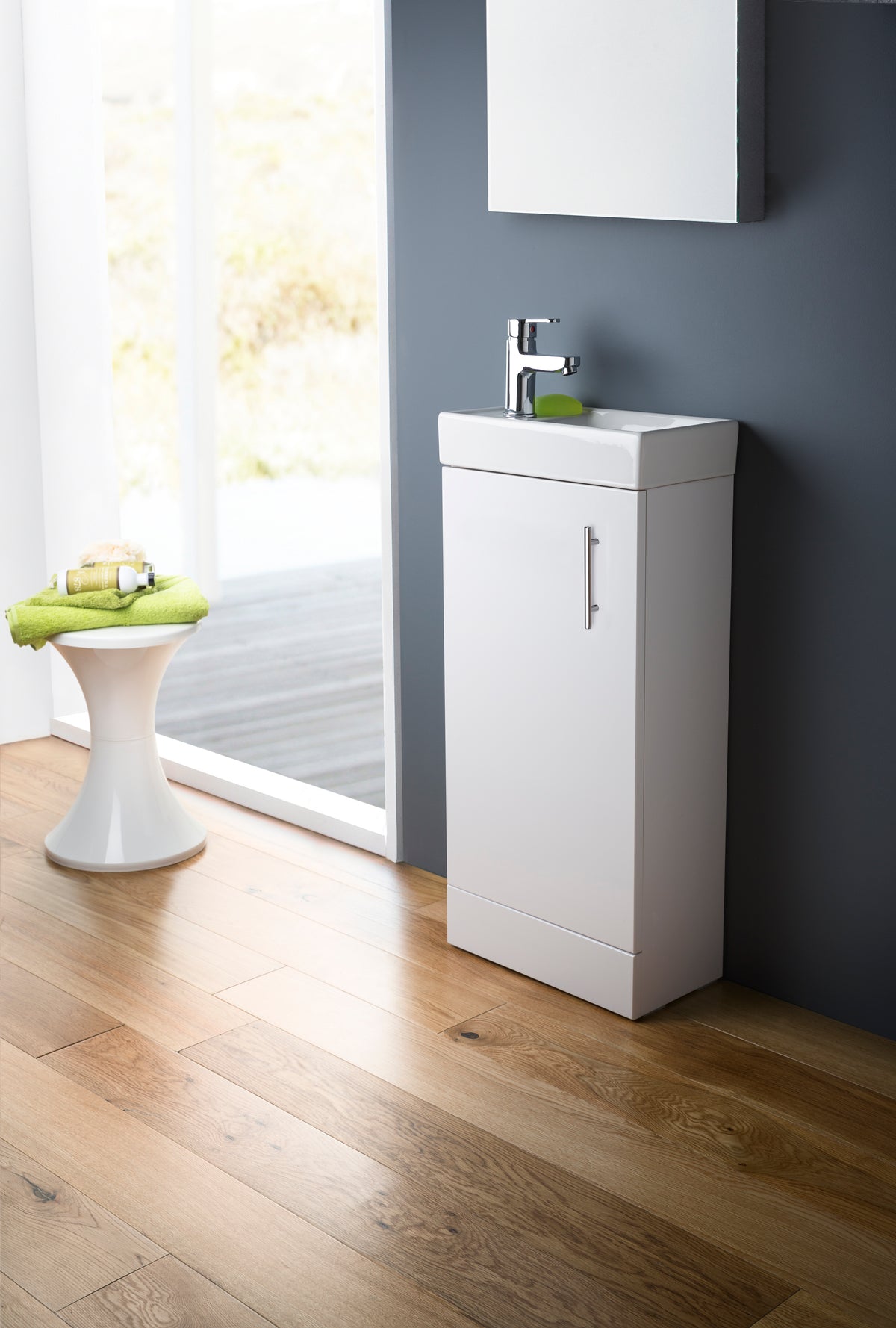 Vault Floor Standing Single Door Compact Vanity Unit with Ceramic Basin 400mm - Mersey Bathrooms Ltd