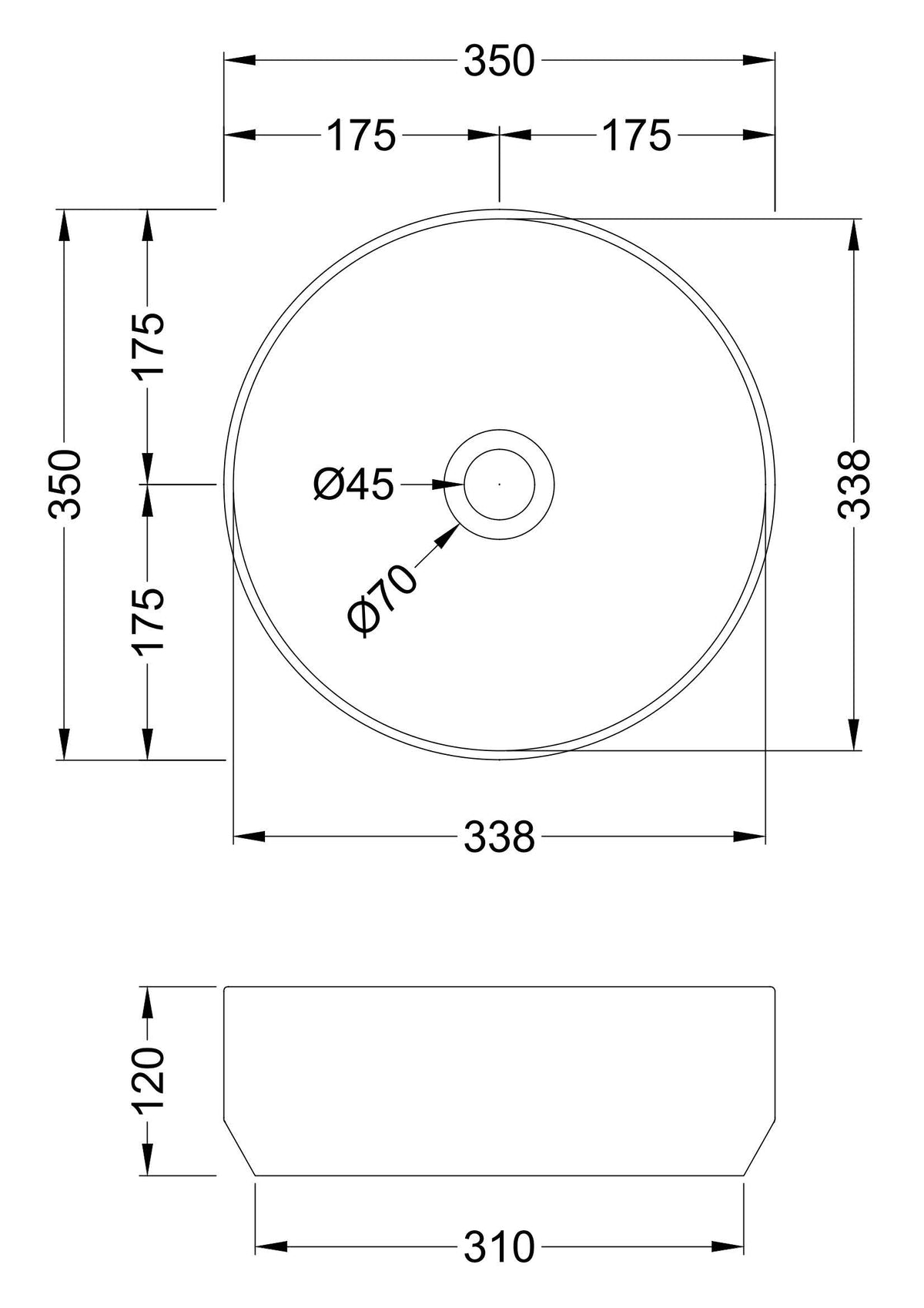 Round Vessel 350 x 350 x 120mm - Mersey Bathrooms Ltd