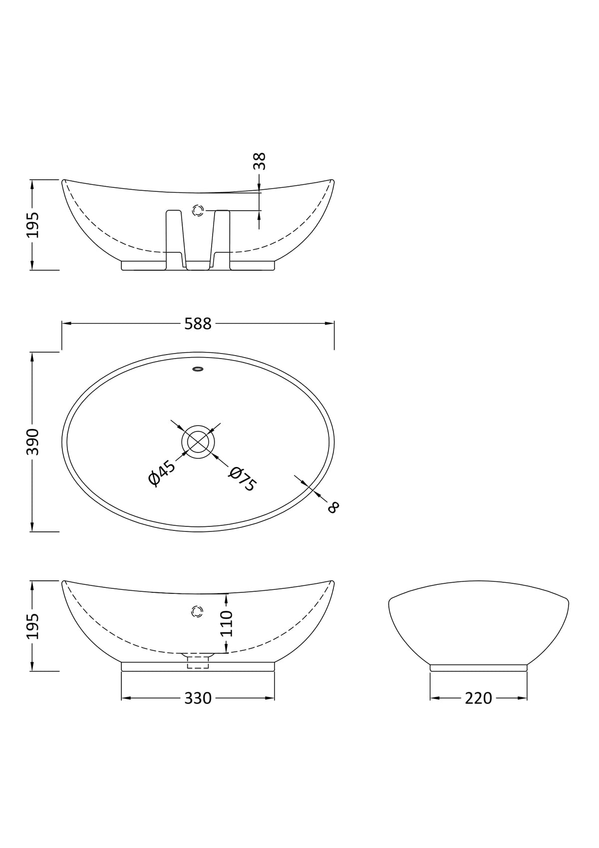 Oval Vessel 588 x 390 x 195mm - Mersey Bathrooms Ltd