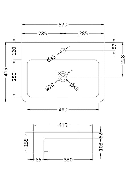 Semi-Recessed Basin 570 x 415 x 155mm - Mersey Bathrooms Ltd