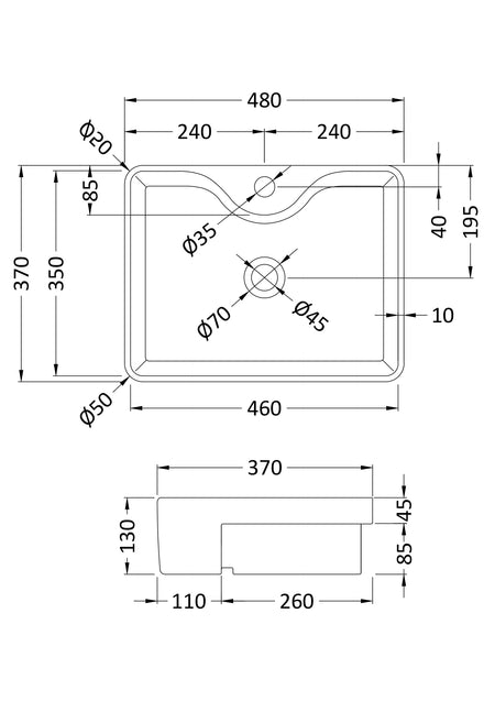 Semi-Recessed Basin 480 x 370 x 130mm - Mersey Bathrooms Ltd