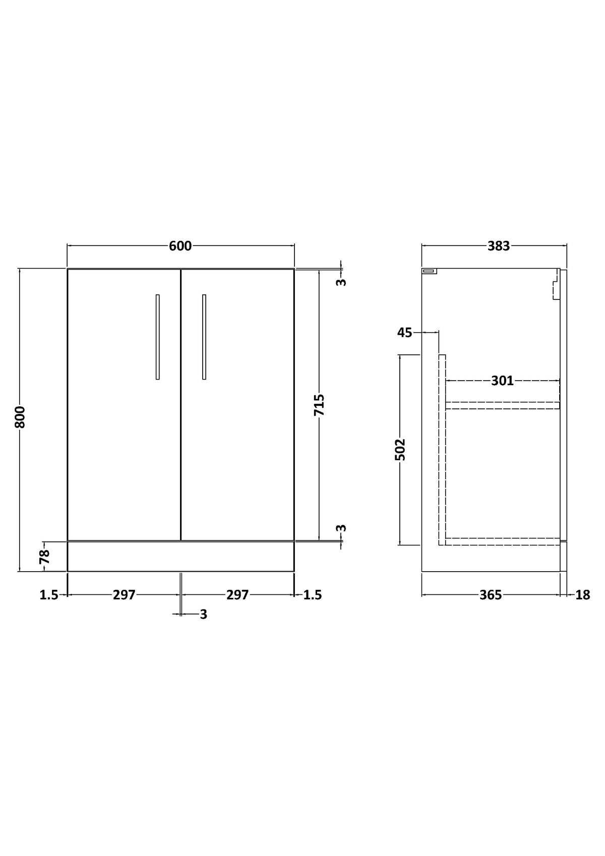 Arno 600mm Floor Standing 2-Door Unit - Mersey Bathrooms Ltd