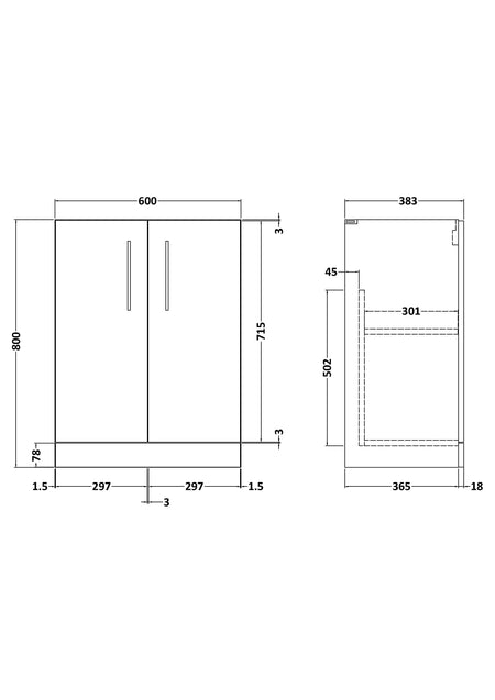 Arno 600mm Floor Standing 2-Door Unit - Mersey Bathrooms Ltd