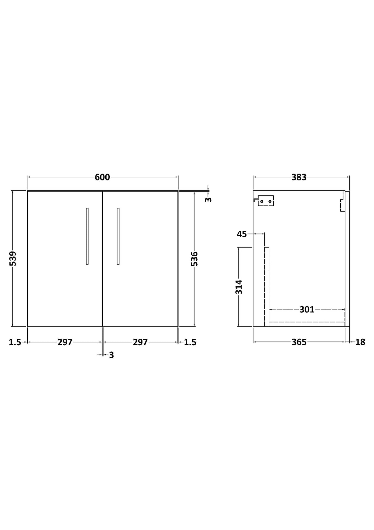 Arno 600mm Wall Hung 2-Door Unit - Mersey Bathrooms Ltd