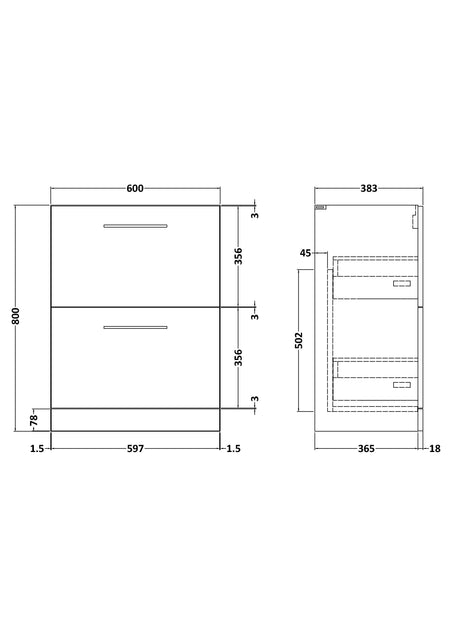 Arno 600mm Floor Standing 2-Drawer Unit - Mersey Bathrooms Ltd