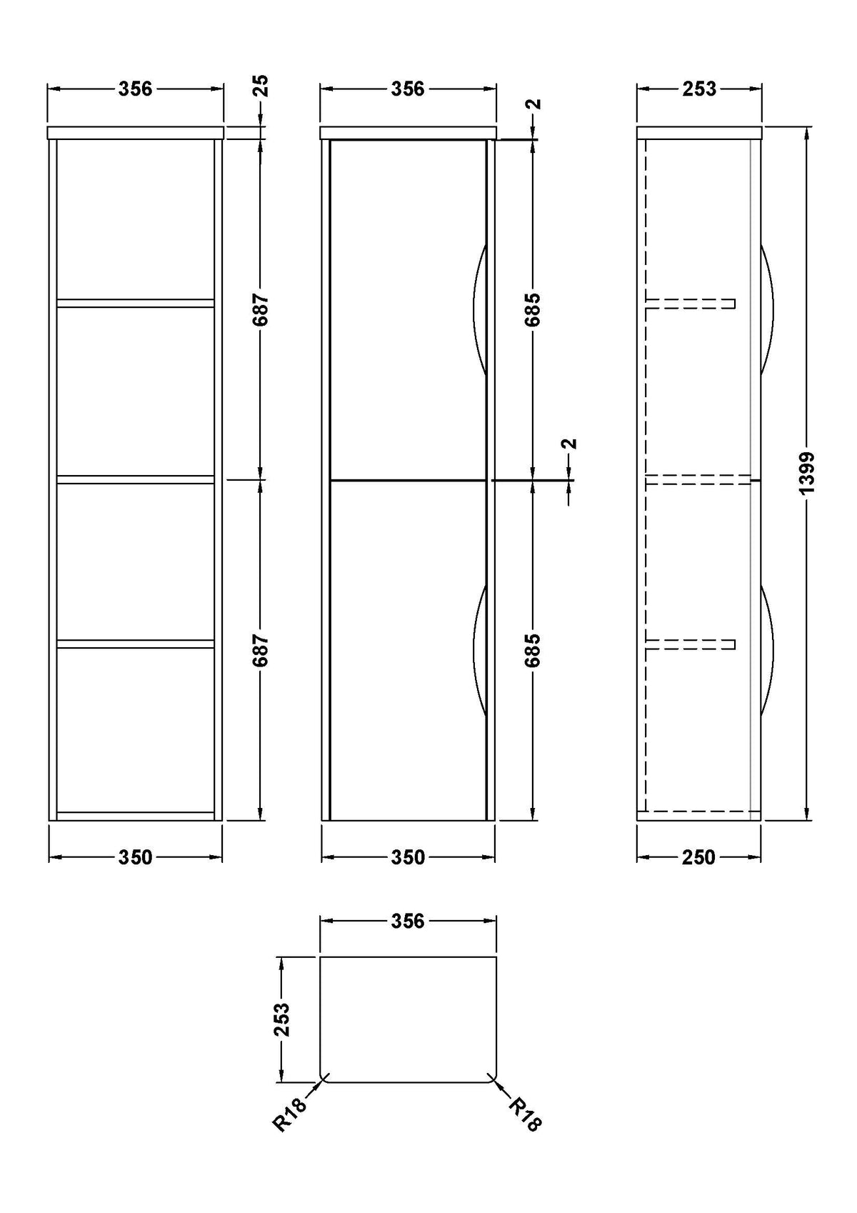 Parade Wall Hung Tall Unit 2 Door 350mm - Mersey Bathrooms Ltd