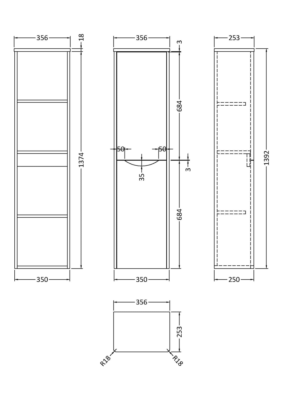 Lunar Wall Hung 2 Door Tall Unit, 356mm - Mersey Bathrooms Ltd