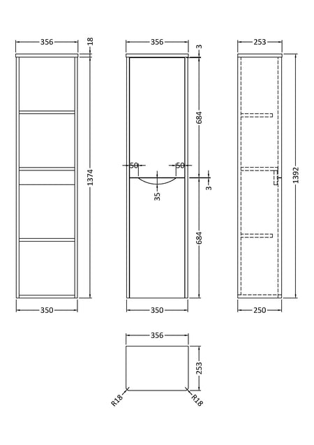 Lunar Wall Hung 2 Door Tall Unit, 356mm - Mersey Bathrooms Ltd